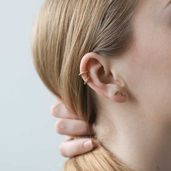 Pave Moon Nap Earrings in Gold on model