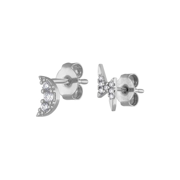 Pave Moon and Lightning Studs in Sterling Silver at Maison Miru Jewelry @maisonmiru