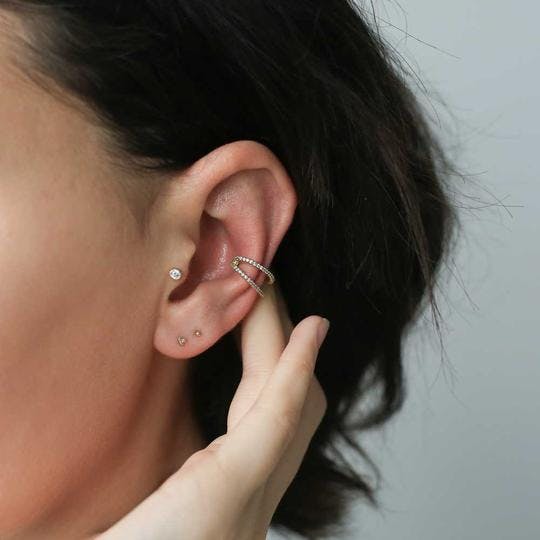 Tiny Crystal Threaded Flat Back Earring on model