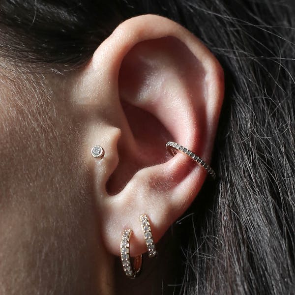 Tiny Crystal Push Pin Flat Back Earring on model